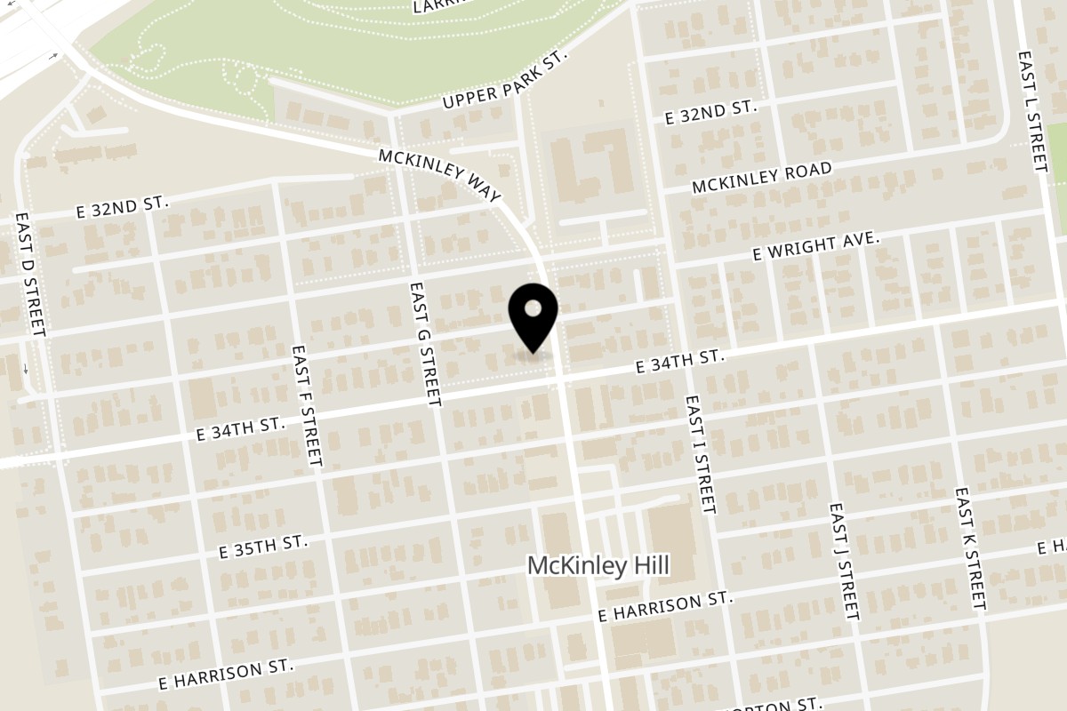 Map showing the location of Dusty's Hideaway on 723 E 34th St in Tacoma